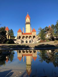 Reflection of building in water against clear blue sky