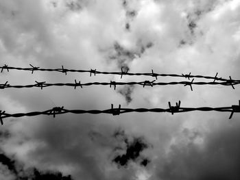 Low angle view of barbed wire against sky