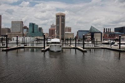 Bridge over river against buildings in city