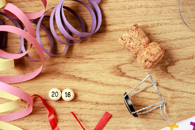 High angle view of objects on wooden table