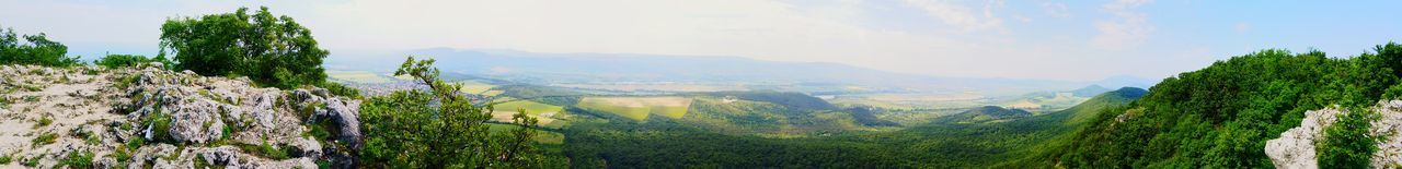 tree, mountain, tranquil scene, tranquility, scenics, beauty in nature, sky, landscape, growth, green color, nature, mountain range, idyllic, plant, lush foliage, non-urban scene, green, high angle view, panoramic, hill