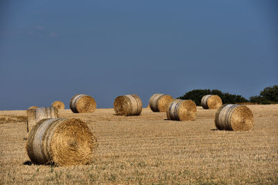 Straw bales, haystack on agricultural farmland against blue sky