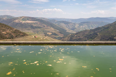 Scenic view of lake and mountains against sky