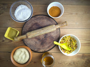 High angle view of breakfast on table