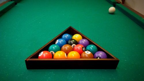 Close-up of multi colored water on table