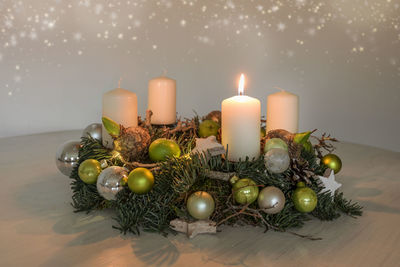 High angle view of christmas decorations on table