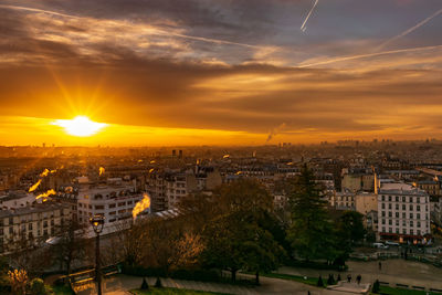 High angle view of townscape against sky during sunset