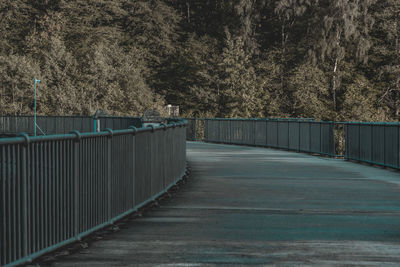 Empty footpath by railing against trees