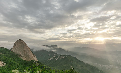 Scenic view of mountains against sky during sunset