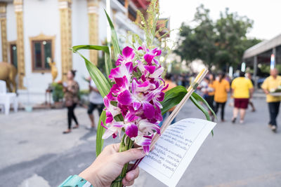 Midsection of person holding pink flower on street