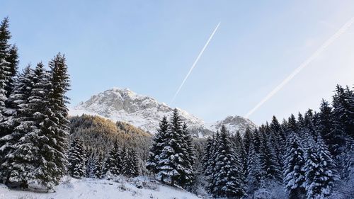 Scenic view of snow covered mountains against sky