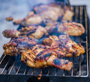 Close-up of meat on barbecue grill
