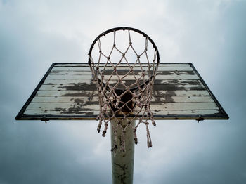 Low angle view of basketball hoop against cloudy sky