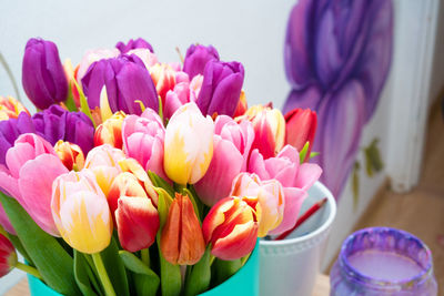 Close-up of pink tulips in vase