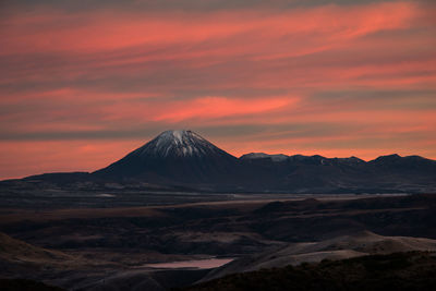 Scenic view of snowcapped mountains against sky during sunset