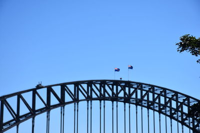 Low angle view of bridge against clear blue sky