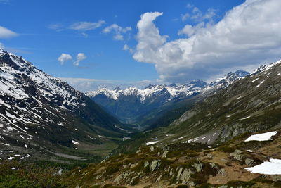Scenic view of snowcapped mountains against sky