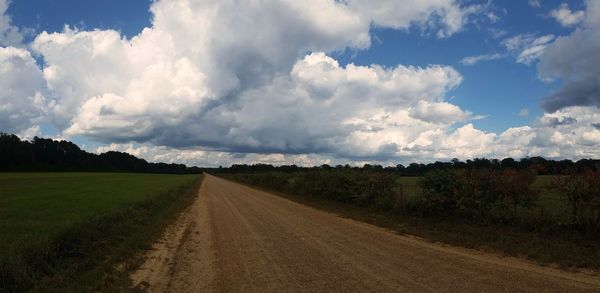 Dirt road along countryside landscape against cloudy sky