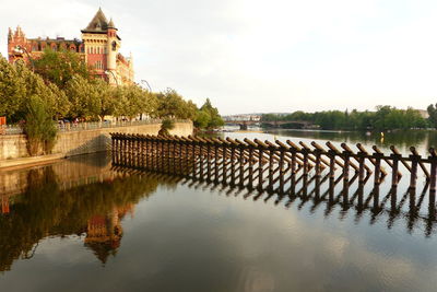 Reflection of building in river against sky