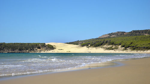 Scenic view of sea against clear blue sky