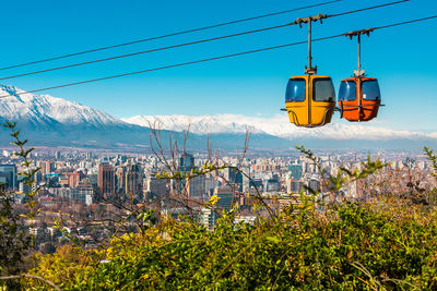 Overhead cable cars against sky in city