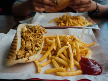 High angle view of pasta in plate on table