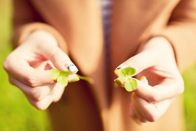 Close-up of human hand holding clovers