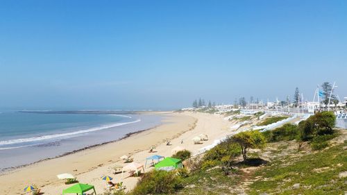 Panoramic view of beach against clear blue sky