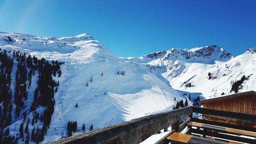 Scenic view of snowcapped mountains against clear blue sky