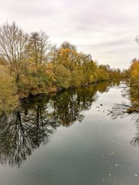 Reflection of trees in lake against sky