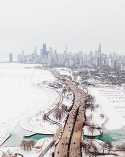 High angle view of city during winter