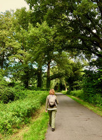 Rear view of woman walking on road amidst trees