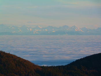 Scenic view of lake and mountains against sky