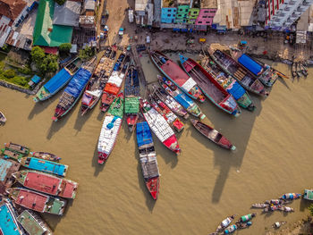 High angle view of boats at harbor