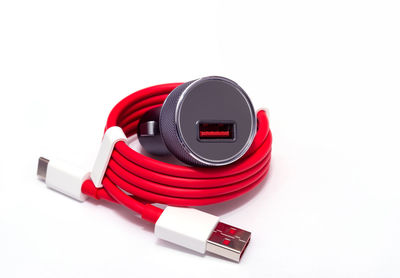 High angle view of usb cable on white background