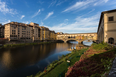 Bridge over river in city against sky