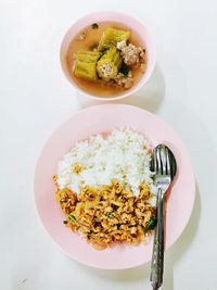 High angle view of breakfast served on table