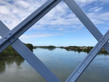 Close-up of bridge over river against sky