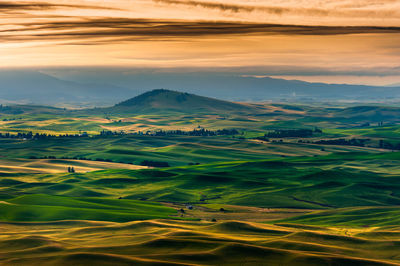 Scenic view of agricultural landscape against sky during sunset