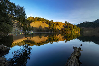 Scenic view of lake by trees against sky