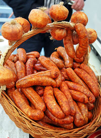 High angle view of sausages in basket