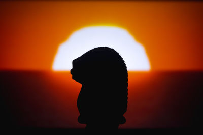 Rear view of silhouette woman standing against orange sky