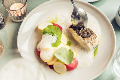 Close-up of meal served on table