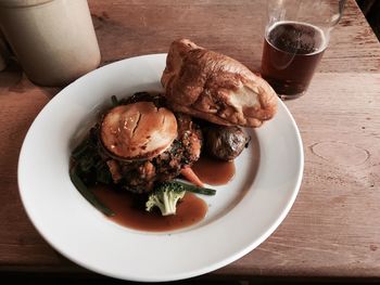 High angle view of food and drink on table