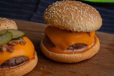 Close-up of burger on cutting board