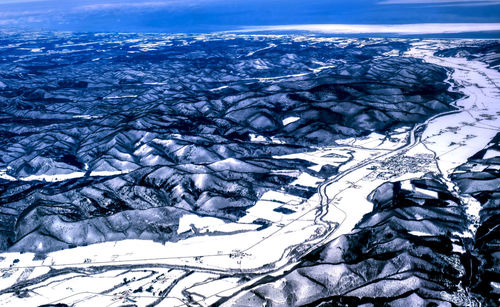 High angle view of snow covered landscape