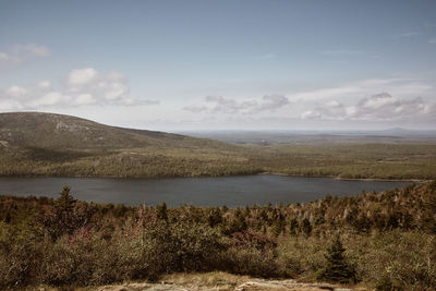 View of jordan pond from cadillac mountain in acadia national park on mount desert island, maine.