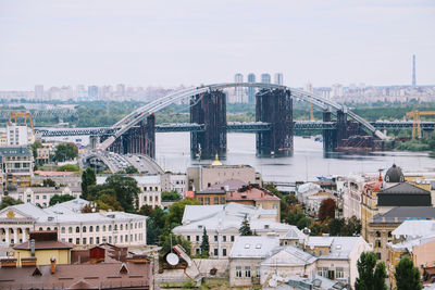 Kyiv cityscape. view from zamkova hora. city bridge. buildings in city. 