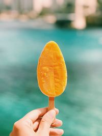 Midsection of person holding apple against swimming pool