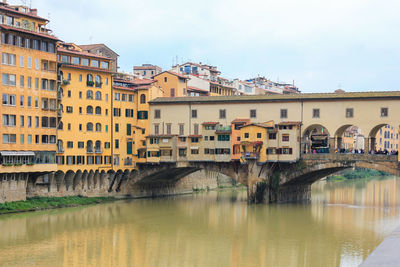 Bridge over river by buildings against sky in city